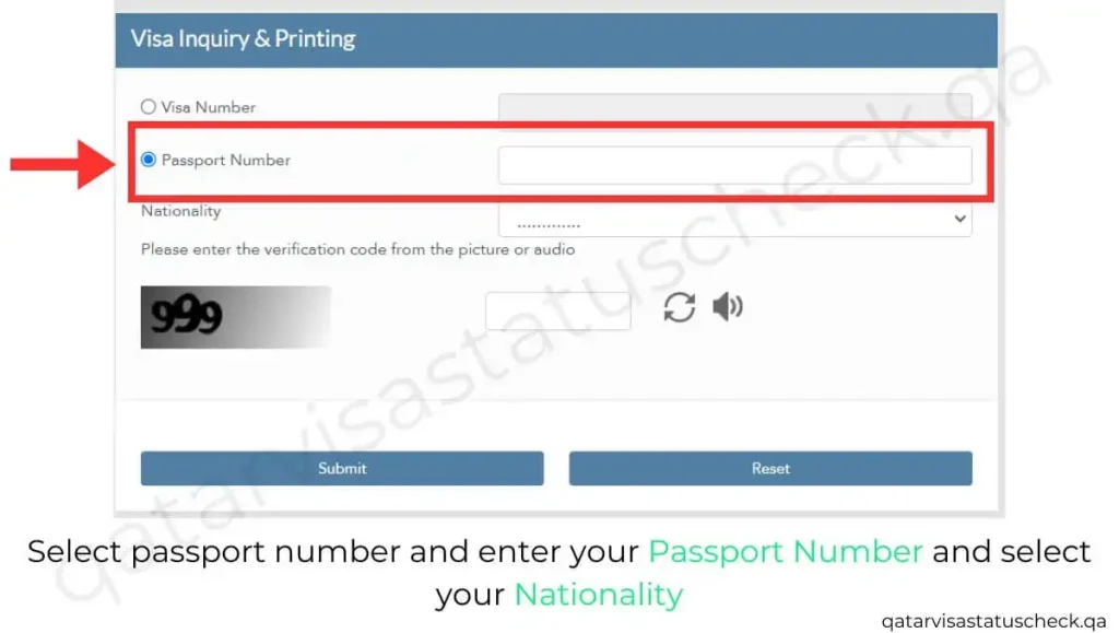 Select passport number and enter your Passport Number and select your Nationality