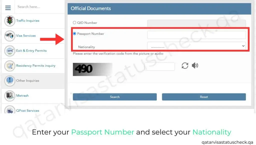 Enter your Passport Number and select your Nationality